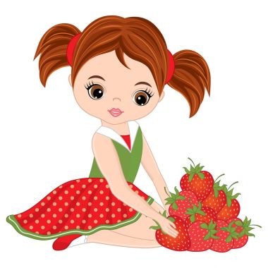 Vektör sevimli küçük kız çilek ile