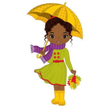 Vektör sevimli küçük Afrikalı-Amerikalı kız şemsiye ve sonbahar yaprakları ile