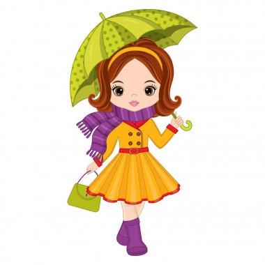 Vektör sevimli küçük kız şemsiye ve el çantası