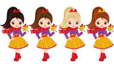 Vektör sevimli küçük kız ile sonbahar yaprakları