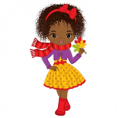 Vektör sevimli küçük Afrikalı-Amerikalı kız ile sonbahar yaprakları