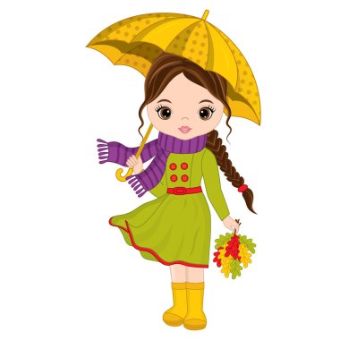 Vektör sevimli küçük kız şemsiye ve sonbahar yaprakları ile