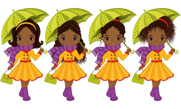 Vector Cute Little chicas afroamericanas con paraguas y bolsos — Vector de stock