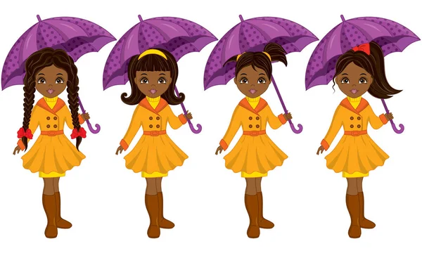 Vector Hermosas chicas afroamericanas jóvenes con paraguas — Vector de stock