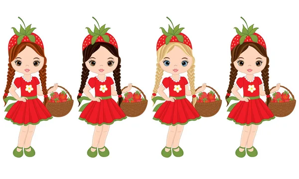 Vector söta små flickor med korgar av jordgubbar — Stock vektor