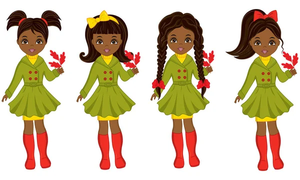 Vector belas meninas afro-americanas jovens com folhas de carvalho de outono — Vetor de Stock