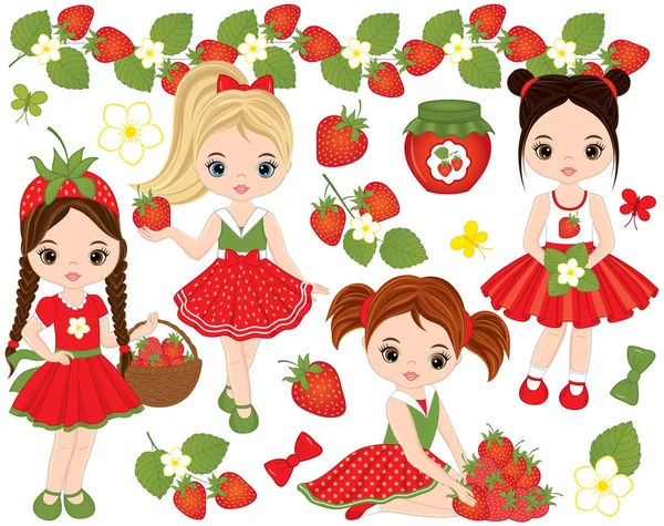 Set de vectores con lindas niñas y fresas — Vector de stock