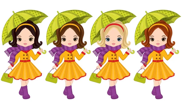 Vector lindo niñas con paraguas y bolsos — Vector de stock