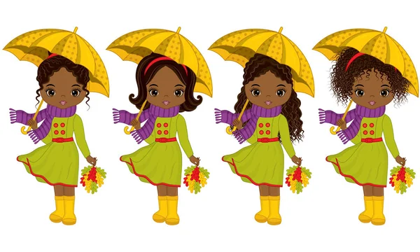 Vector Cute Little chicas afroamericanas con paraguas y hojas de otoño — Vector de stock