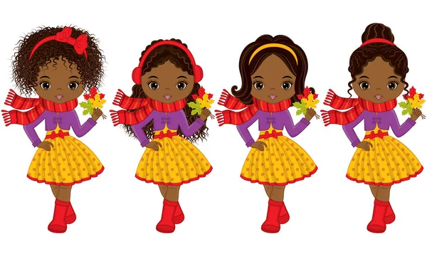 Vector lindo niñas afroamericanas con hojas de otoño — Vector de stock