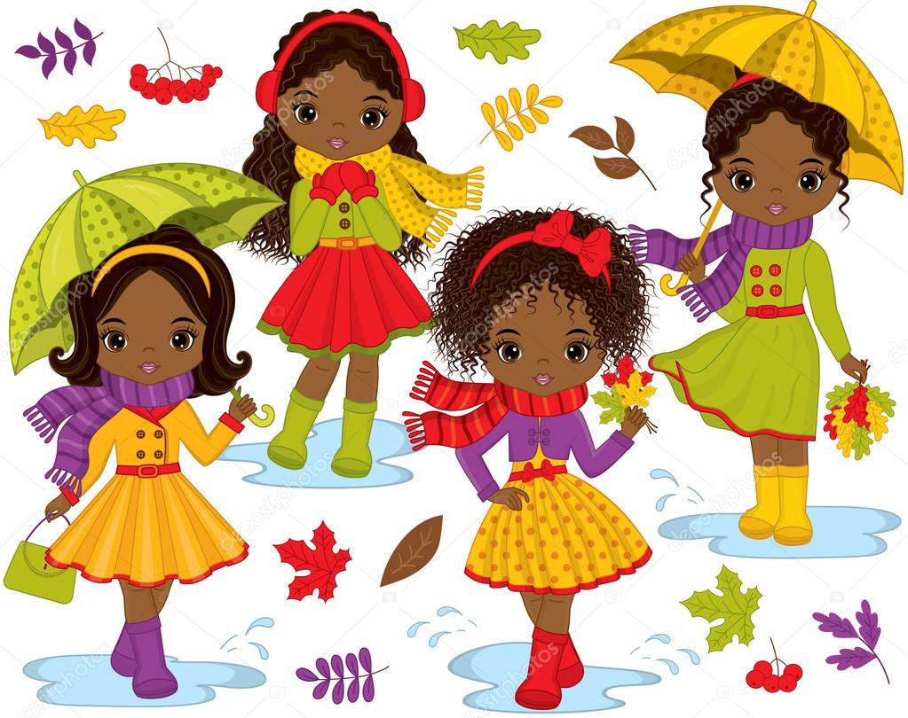 Vector Set with Cute Little African American Girls and Autumn Elements