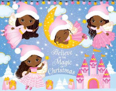 Sevimli küçük Noel periler, kale ve kış öğeleri ile vektör Set