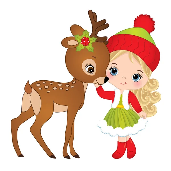 Vector Cute Little Girl with Baby Deer — Stock Vector