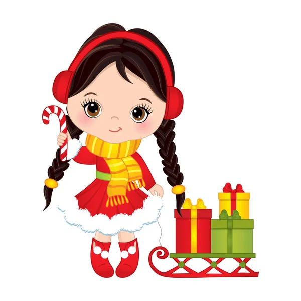 Vector Cute Little Girl with Candy Stick Sledge and Christmas Gift Boxes — Stock Vector