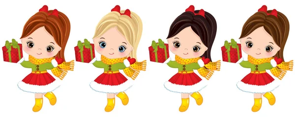 Vector niñas lindas con cajas de regalo de Navidad — Vector de stock