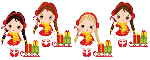 Διάνυσμα χαριτωμένα κοριτσάκια με γλυκά μπαστούνια, έλκηθρα και χριστουγεννιάτικα κουτιά δώρων — Διανυσματικό Αρχείο