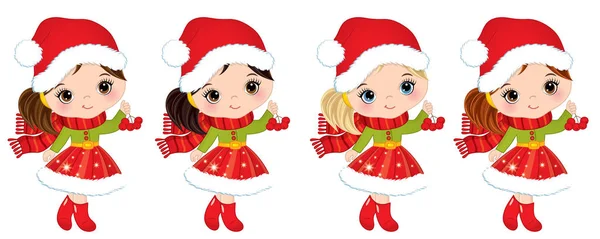 Vector Cute Little Girls with Christmas Red Berries — Stock Vector