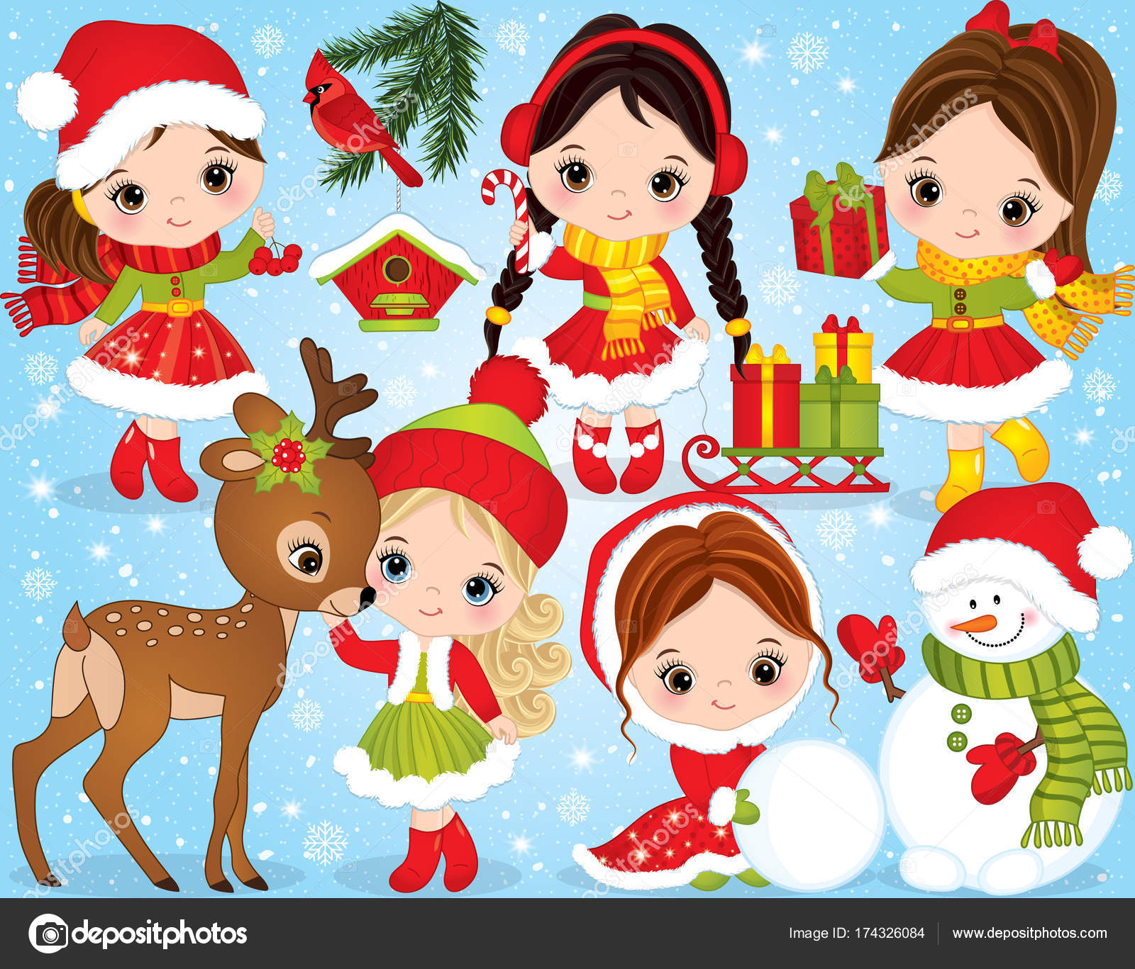 かわいい女の子と設定ベクトル クリスマスと新年と冬のお祭り要素