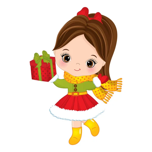 Vector Cute Little Girl with Christmas Gift Box — Stock Vector