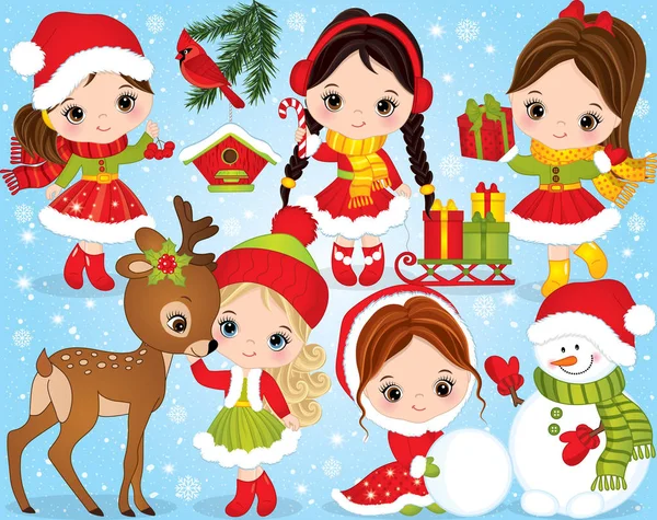 Vector Christmas and New Year Set met leuke kleine meisjes en de Winter feestelijk elementen — Stockvector