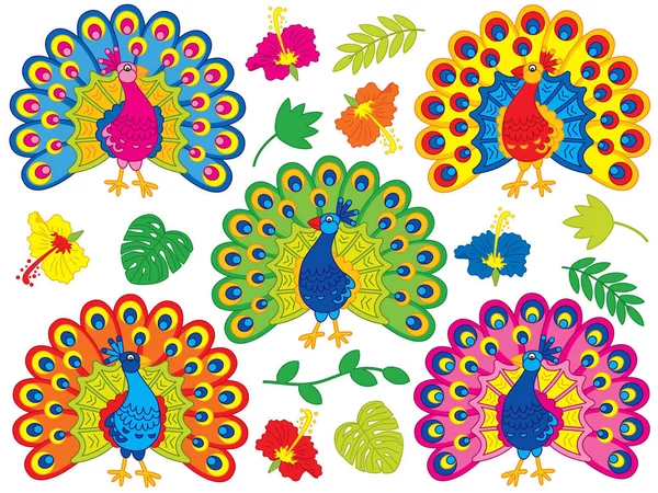 Vector Set with Cute Cartoon Peacocks, Tropical Leaves and Hibiscus — Stock Vector