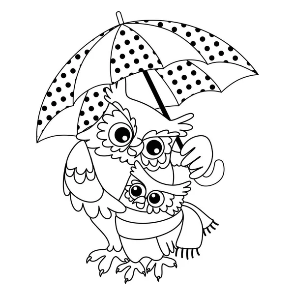 Vector lindo búhos de dibujos animados con paraguas — Vector de stock