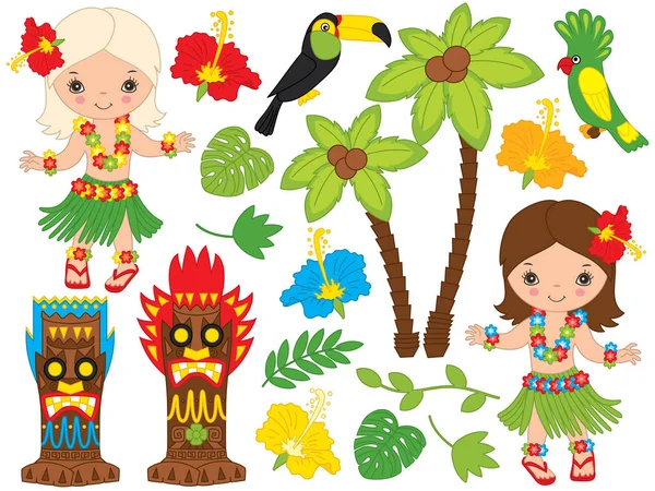 Ensemble vectoriel hawaïen avec mignonne, petites filles, masques Tiki, oiseaux et Hibiscus — Image vectorielle