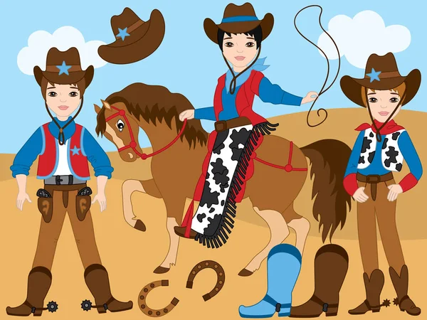 Vektör Set genç kovboylar, at, Kement ve at nalı — Stok Vektör