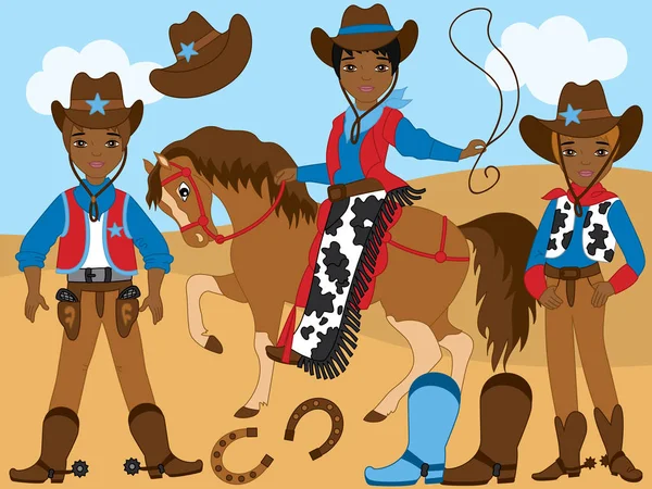 Conjunto de vectores con jóvenes vaqueros afroamericanos, caballo, lasso y herradura — Vector de stock