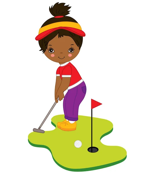 Vektör sevimli küçük Afrikalı-Amerikalı kız Golf oynarken — Stok Vektör