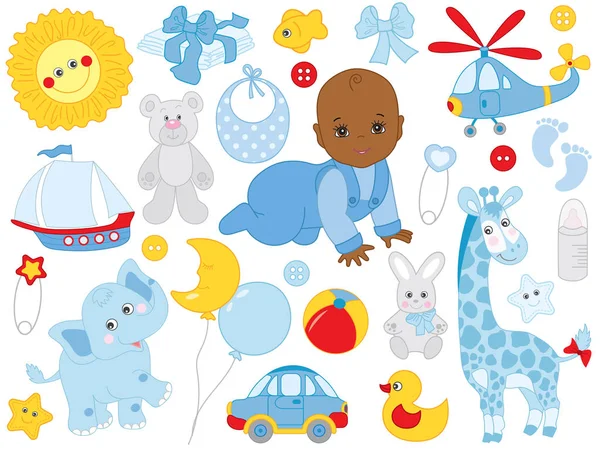 Ensemble vectoriel avec bébé garçon afro-américain mignon, jouets et accessoires — Image vectorielle