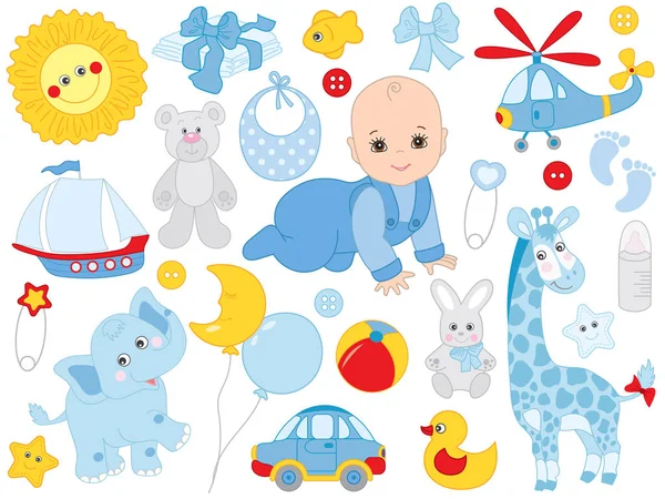 Conjunto de vectores con bebé lindo, juguetes y accesorios — Archivo Imágenes Vectoriales