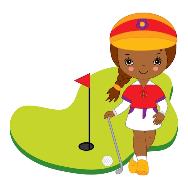 矢量可爱的小非洲裔美国女孩打高尔夫球 — 图库矢量图片