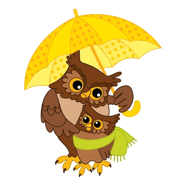 Vector Cute Cartoon Owls with Umbrella — Stock Vector
