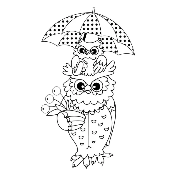 Corujas de desenho animado bonito vetorial com guarda-chuva —  Vetores de Stock