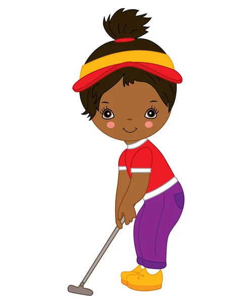 Διάνυσμα χαριτωμένο μικρό αφρικανικό αμερικανικό κορίτσι παίζει γκολφ — Διανυσματικό Αρχείο