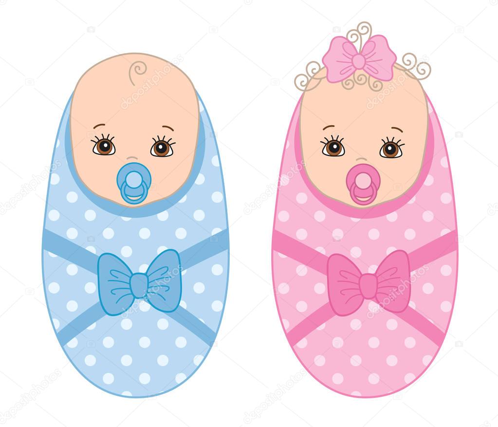 Vector Cute Newborn Twins. Vector Baby Boy. Vector Baby Girl