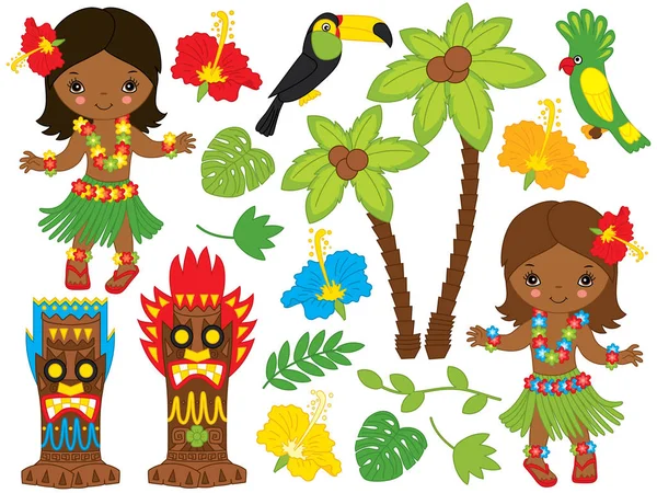 Ensemble vectoriel hawaïen avec mignonne, petites filles, masques Tiki, oiseaux et Hibiscus — Image vectorielle