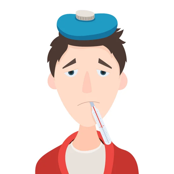 Tête d’homme malade avec écharpe thermomètre et sac de glace de dessin