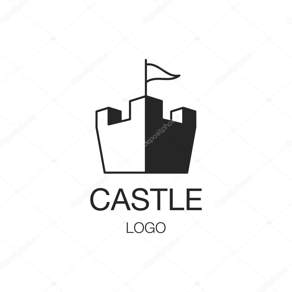 Castle building with the flag sign. The fortress symbol. Vector illustration isolated on white background, template, logo