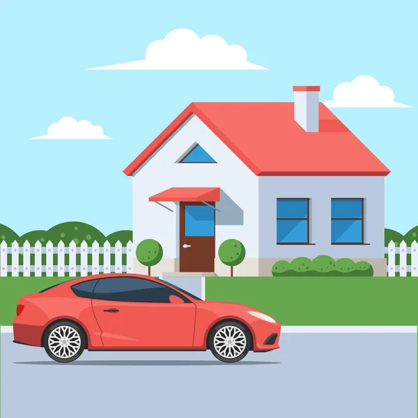 Casa de fachada con coche — Vector de stock