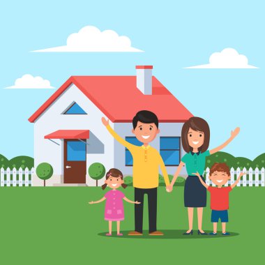 Evin önünde mutlu bir aile. Anne ve baba, kızları ve oğulları evlerinin arka planında. Düz biçimli vektör illüstrasyonu