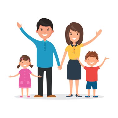 Mutlu aile: anne ve baba, kız ve oğul. Beyaz arkaplanda izole edilmiş düz biçimdeki vektör illüstrasyonu