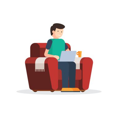 Dizüstü bilgisayarı olan adam sandalyede oturuyor. Karakter evden çalışan bir serbest yazar. Merkez ofis, uzaktan çalışma konsepti. Beyaz arkaplanda izole edilmiş düz biçimdeki vektör illüstrasyonu