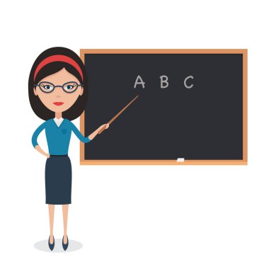 Elinde işaret olan gözlüklü kadın tahtayı işaret ediyor. Okul bayan öğretmeni. Öğrenme konsepti. Beyaz arkaplanda izole edilmiş düz biçim üzerine vektör illüstrasyonu