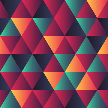 Renkli üçgenlerle kusursuz desen. Soyut geometrik arkaplan. Web tasarımı veya yazdırma için modern moda biçiminde vektör illüstrasyonu