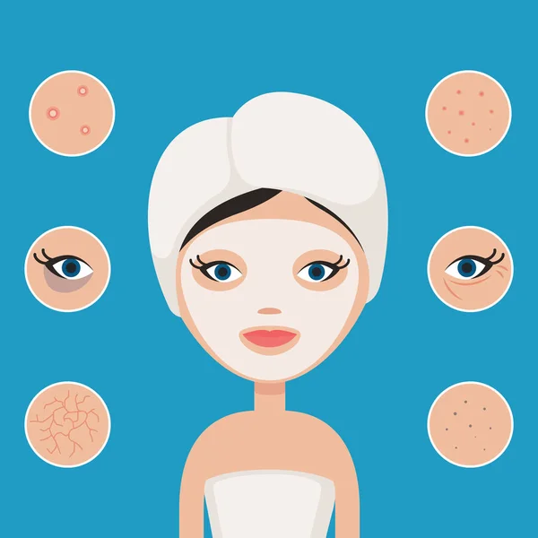美容マスクの女性 皮膚の問題 にきび 目の円の下で にきび デザインインフォグラフィックのためのフラットスタイルのベクトルイラスト — ストックベクタ