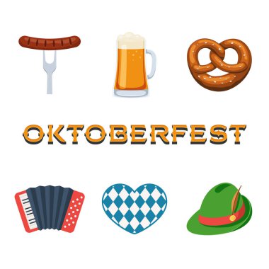 Oktoberfest ikonu sosis, simit, bira, şapka ve akordeon. Çizgi film tarzında vektör illüstrasyonu beyaz arkaplanda izole edildi