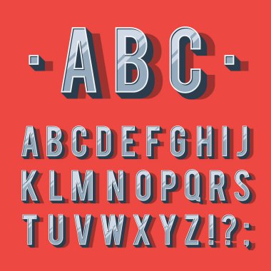 Retro tipi yazı tipi, klasik tipografi. Gölgeli harfler. Kırmızı arkaplanda izole edilmiş vektör illüstrasyon şablonu