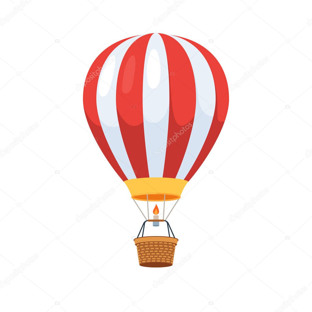 Hot air balloon red with white stripes. Vector illustration, flat cartoon design, isolated on white background